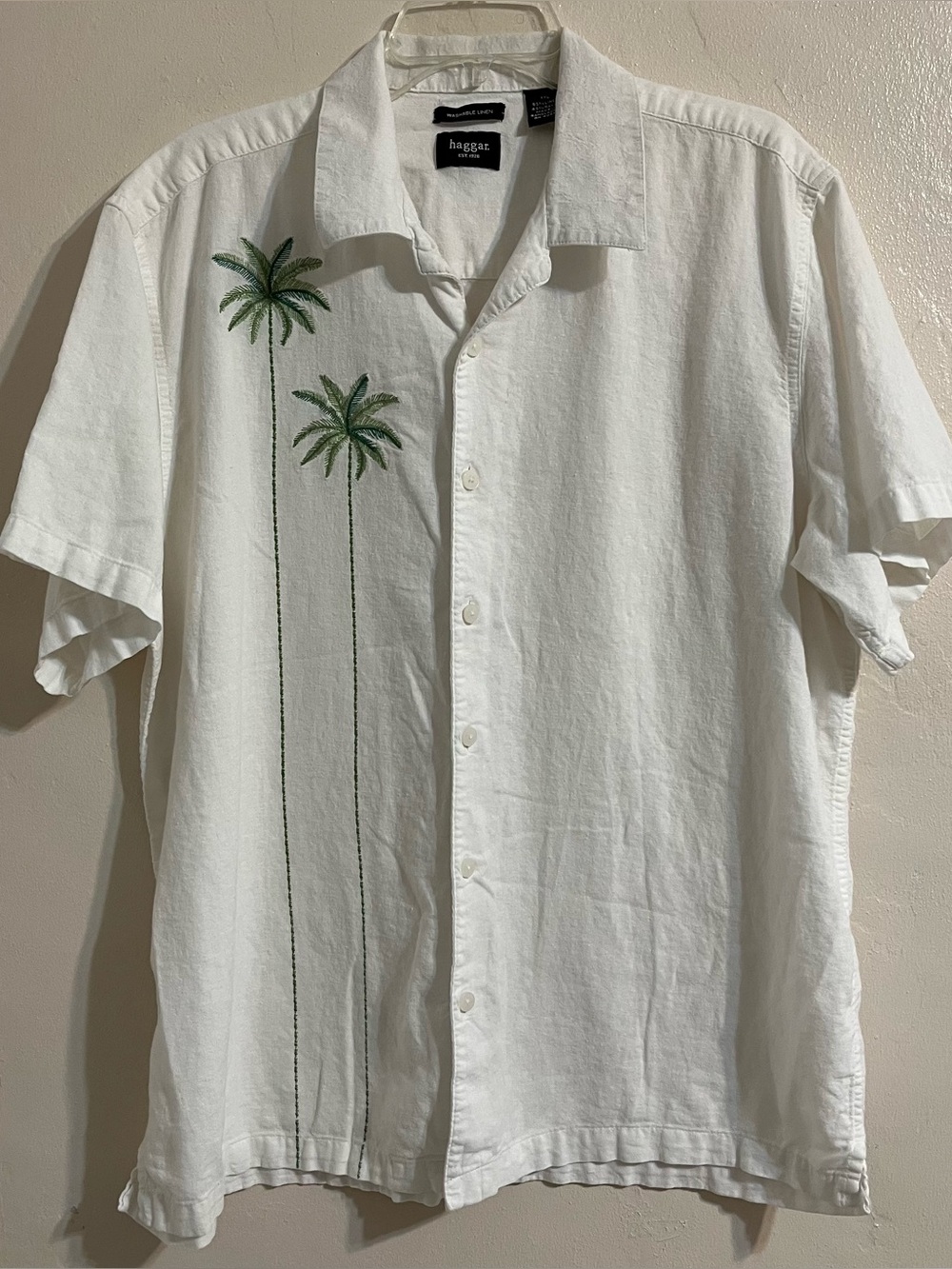 Haggar White Short-Sleeve Palm Embroidered Camp Shirt Washable Linen